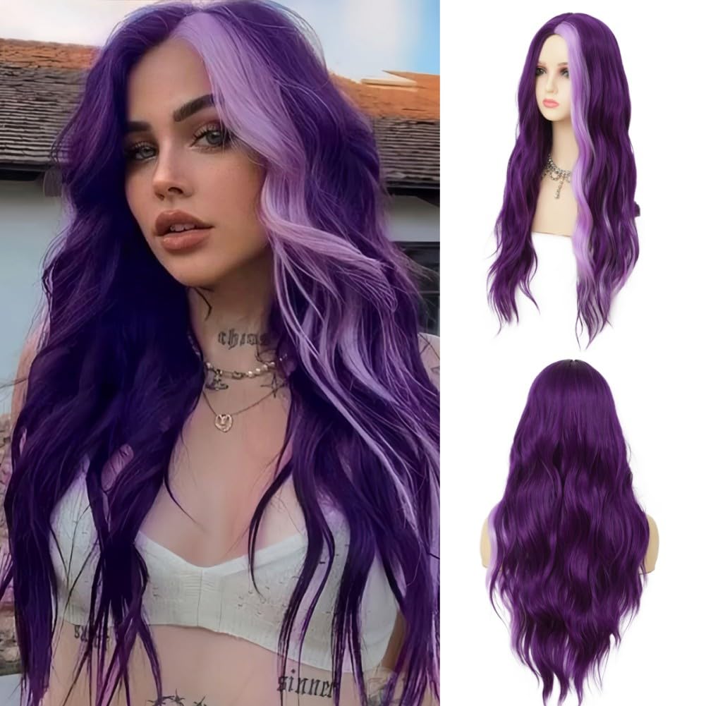 Dai Cloud dark purple wavy long wig shown on model for daily and social wear