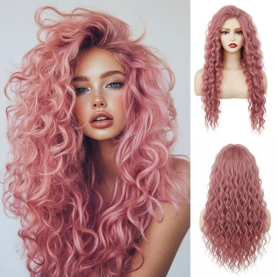 Daiaces long pink curly wig with water-wave texture for comfortable all-day wear.