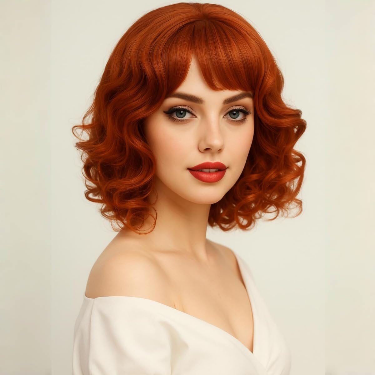 Daiaces short red-orange wig with bangs adds party-ready style.