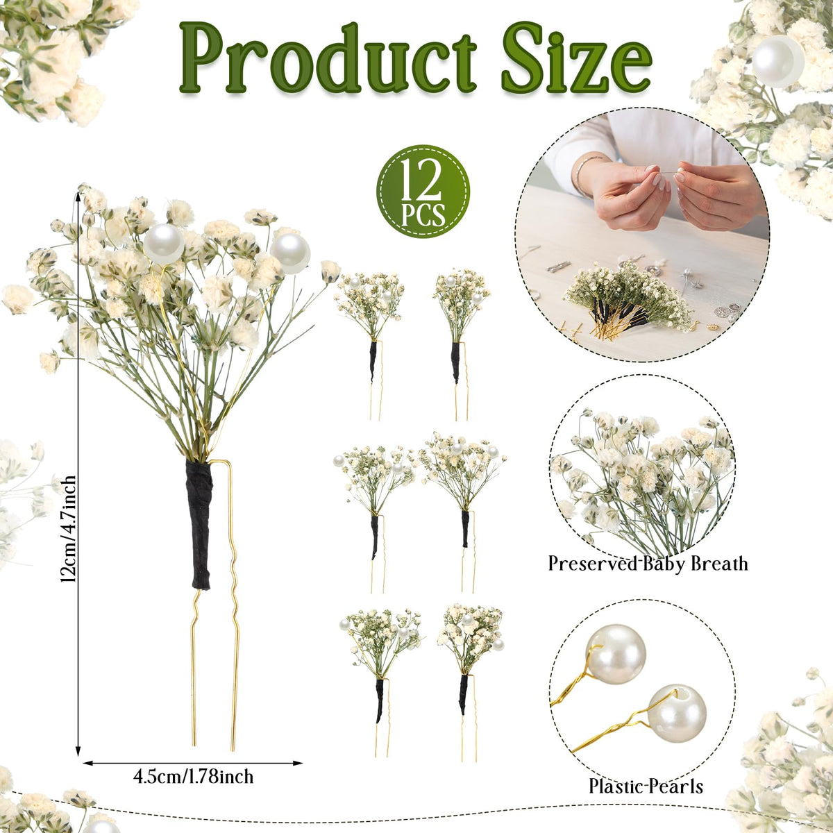 Daifunli baby's breath hair pin for bridal looks, 12-piece set.