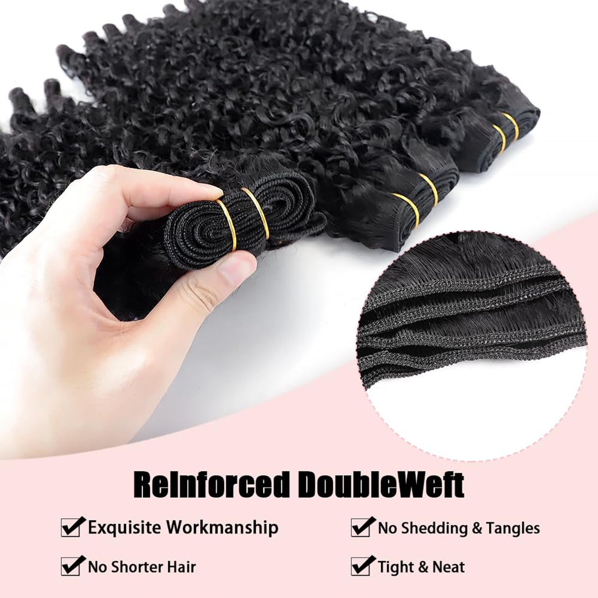 Daikemei Burmese curly bundles weft detail shows strong double machine weft.