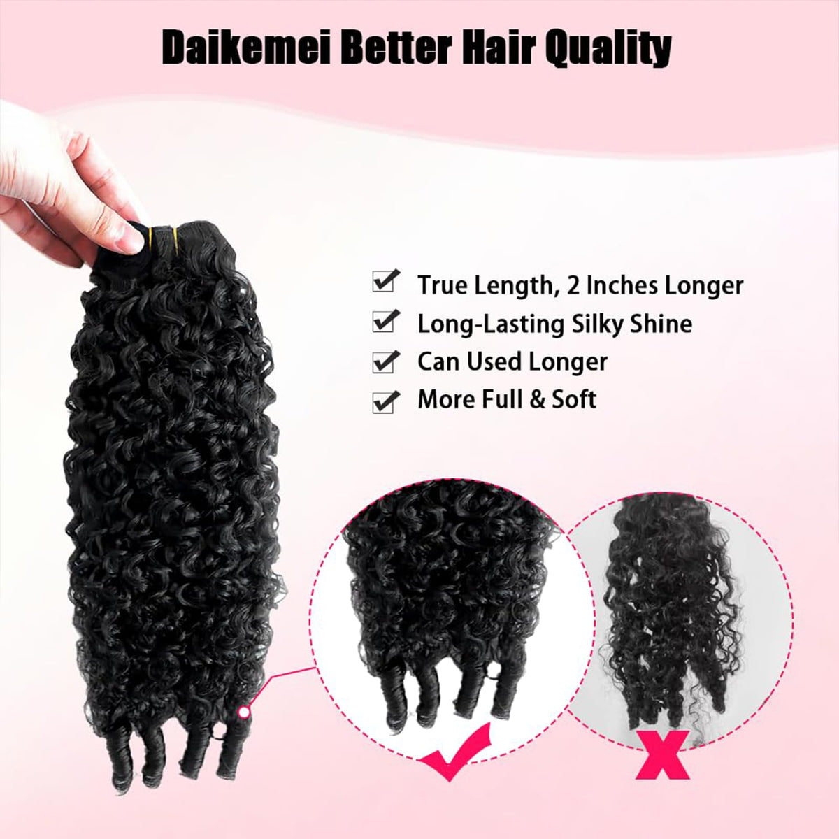 Daikemei virgin Brazilian bundles hair closeup emphasizes thickness and elasticity.