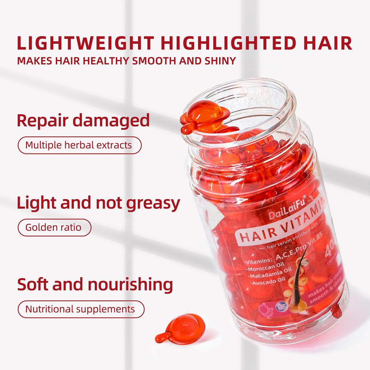 DaiLaiFu Hair Serum capsules close-up highlights convenient daily nourishment.