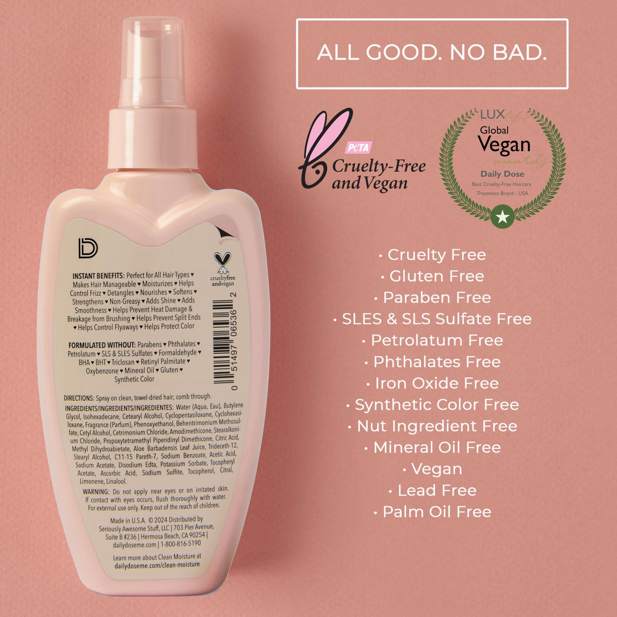 DAILY DOSE leave-in conditioner spray detangles hair for smoothness.