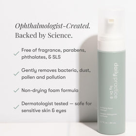 Daily Practice Dr. B Purifying Foam Cleanser rich foam texture for delicate eye areas.
