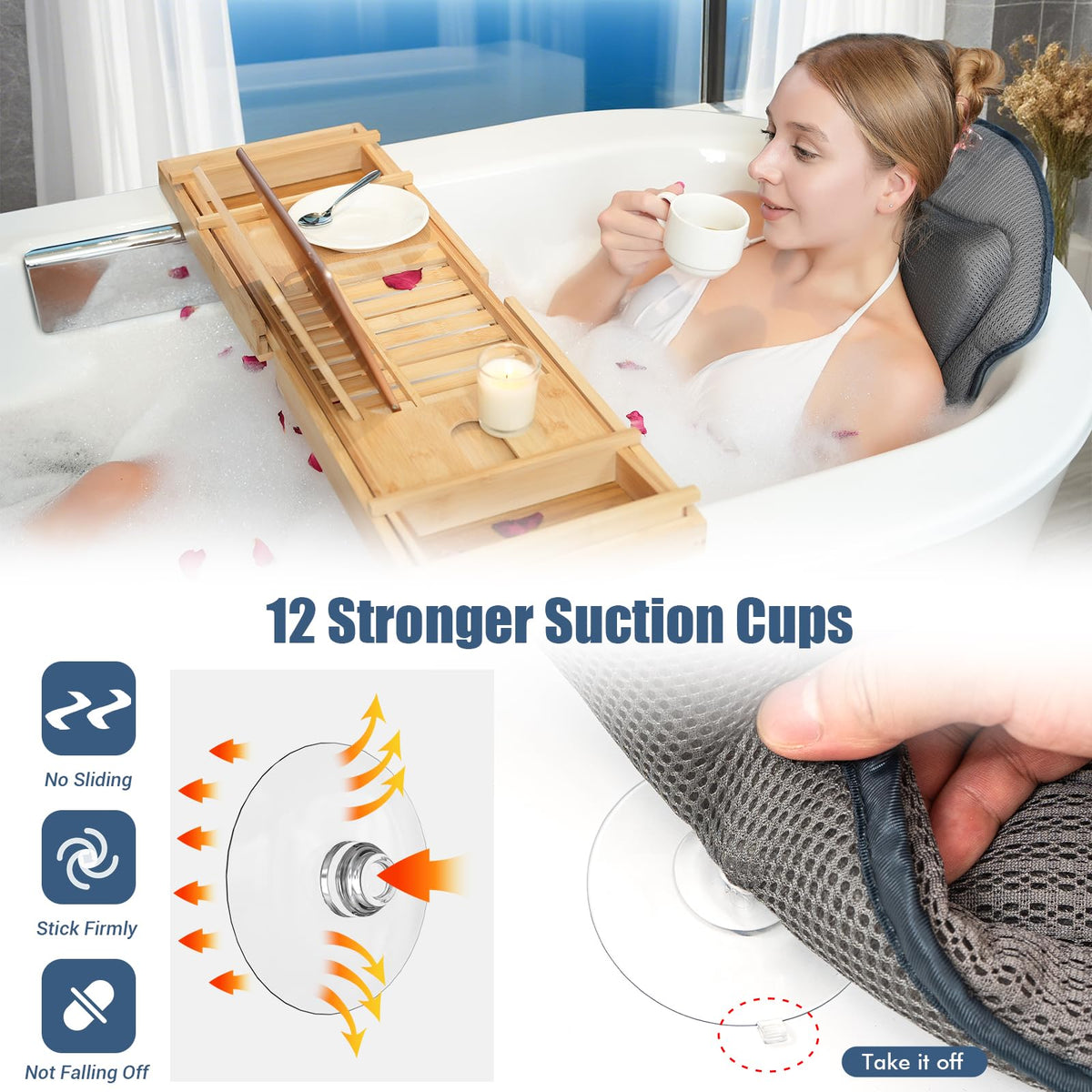 DaintyStar powerful suction cups keep the pillow secure on smooth tub surfaces