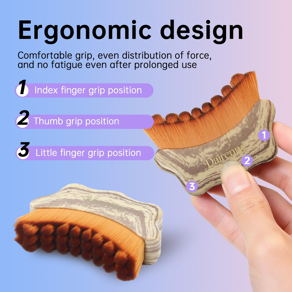 Dairenne Ergonomic contour design hugs facial features for easy reach.
