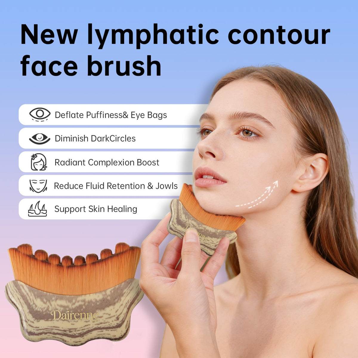Dairenne lymphatic contour brush targets neck area for gentle lymph drainage.