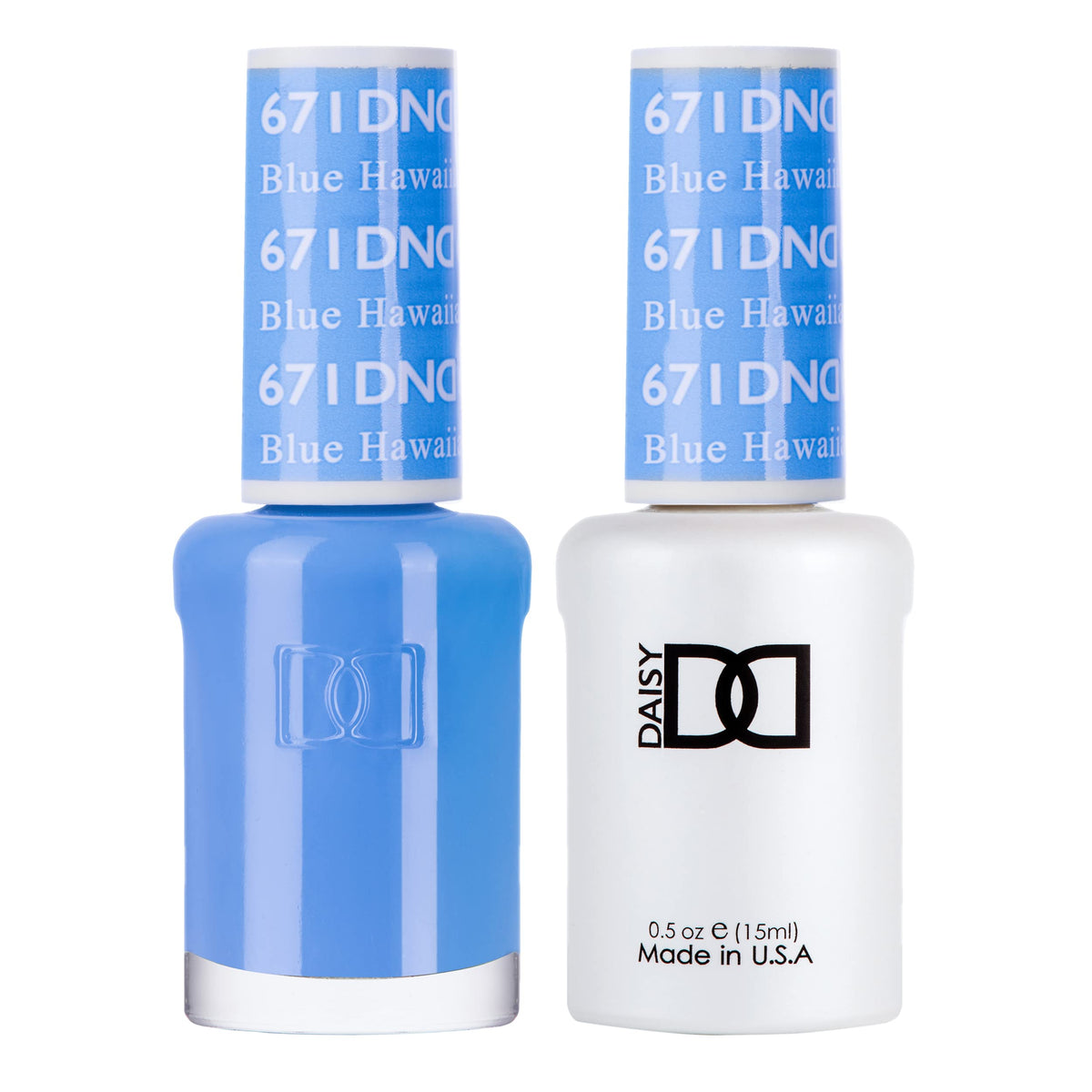 DAISY DND Blue Hawaiian gel polish bottle displays cloudy blue with gray mist for vibrant color
