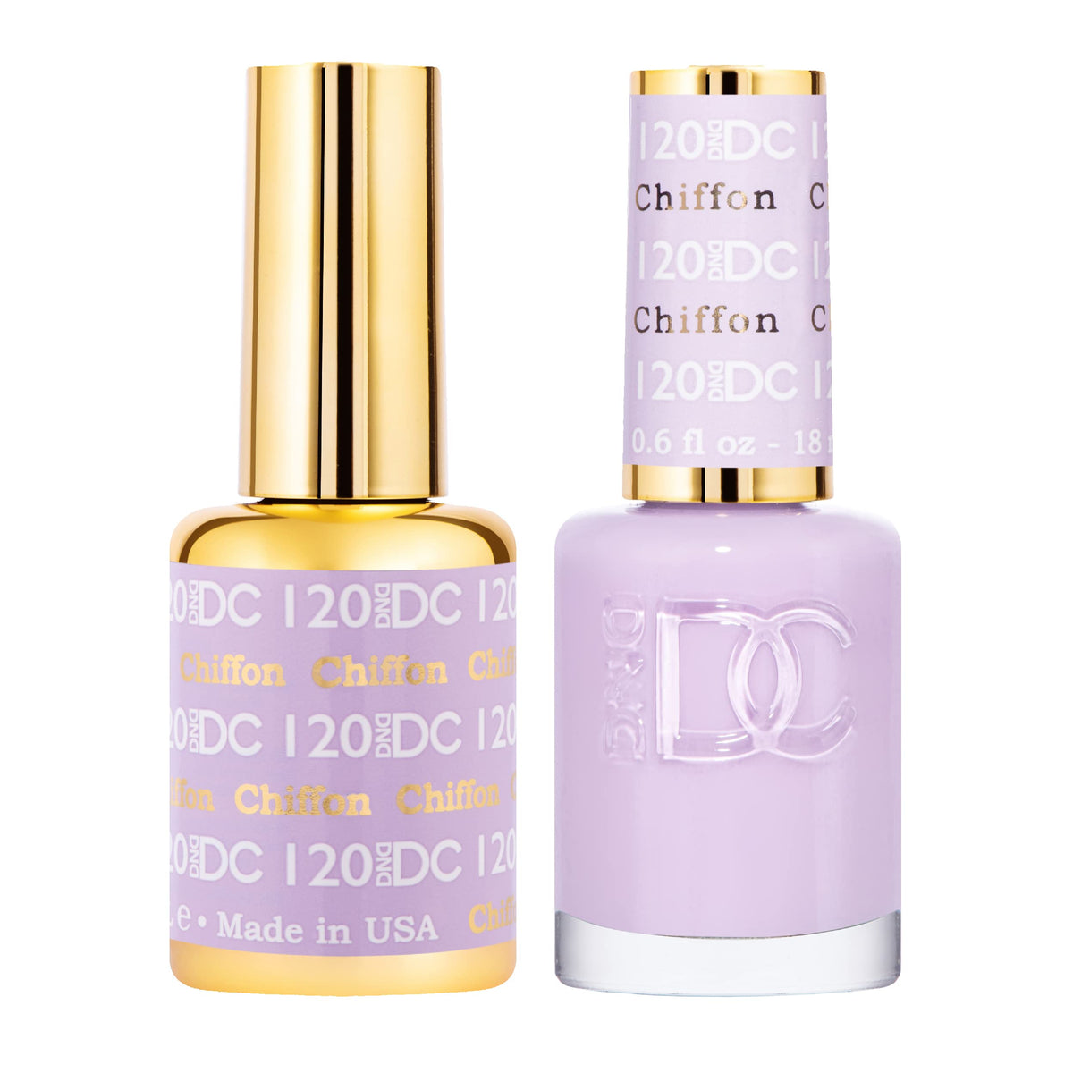 DAISY DND DC Gel Polish 120 Chiffon bottle shows rich purple color for precise application.