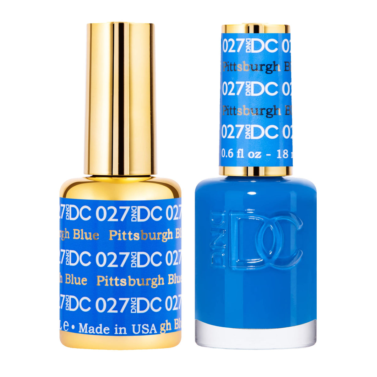 Daisy DND DC Gel Polish Pittsburgh Blue 027 bottle showing rich pigment and glossy finish.