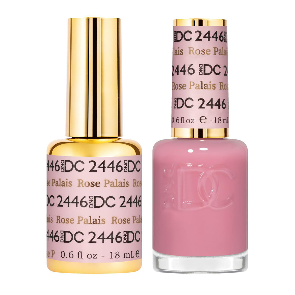 Daisy DND Rose Palais gel polish bottle front, sheer rosy pink with orange undertones.