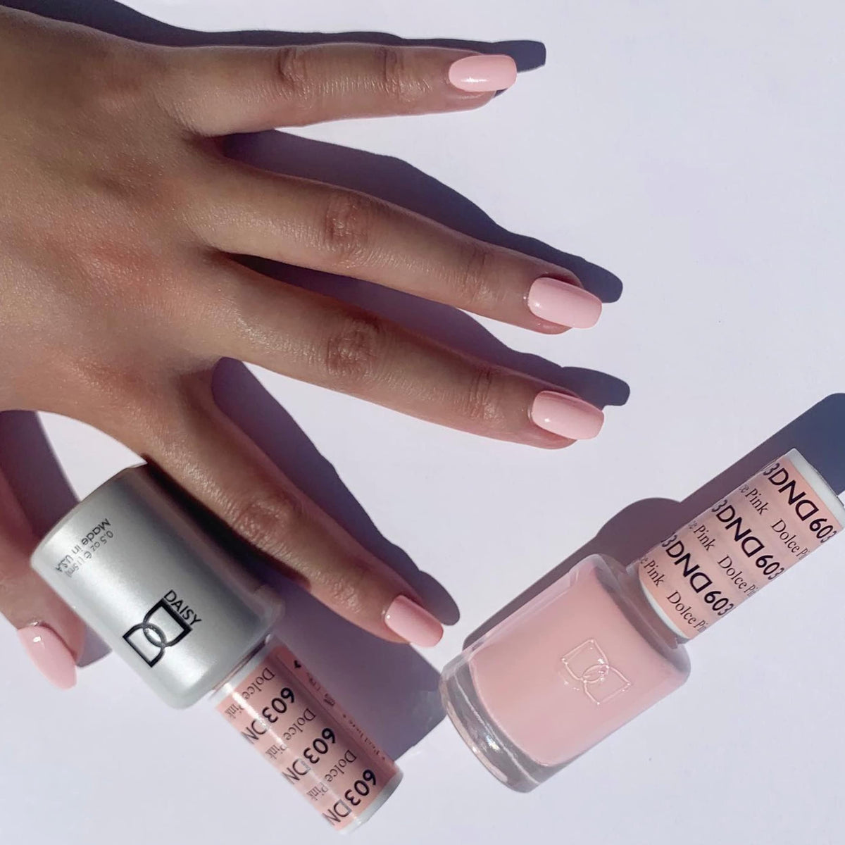 Daisy DND Dolce Pink 603 bottle closeup with glossy, even coverage.