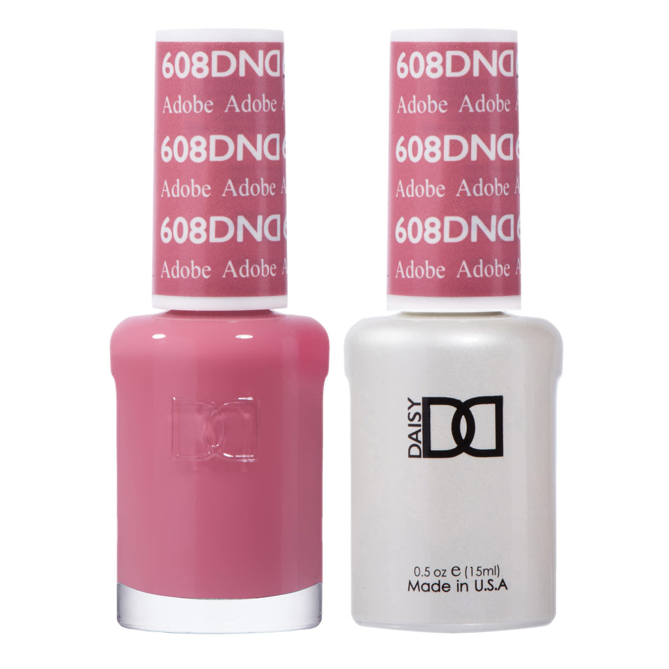 Daisy DND Gel Polish Adobe 608 bottle with long-lasting rosy pink finish.