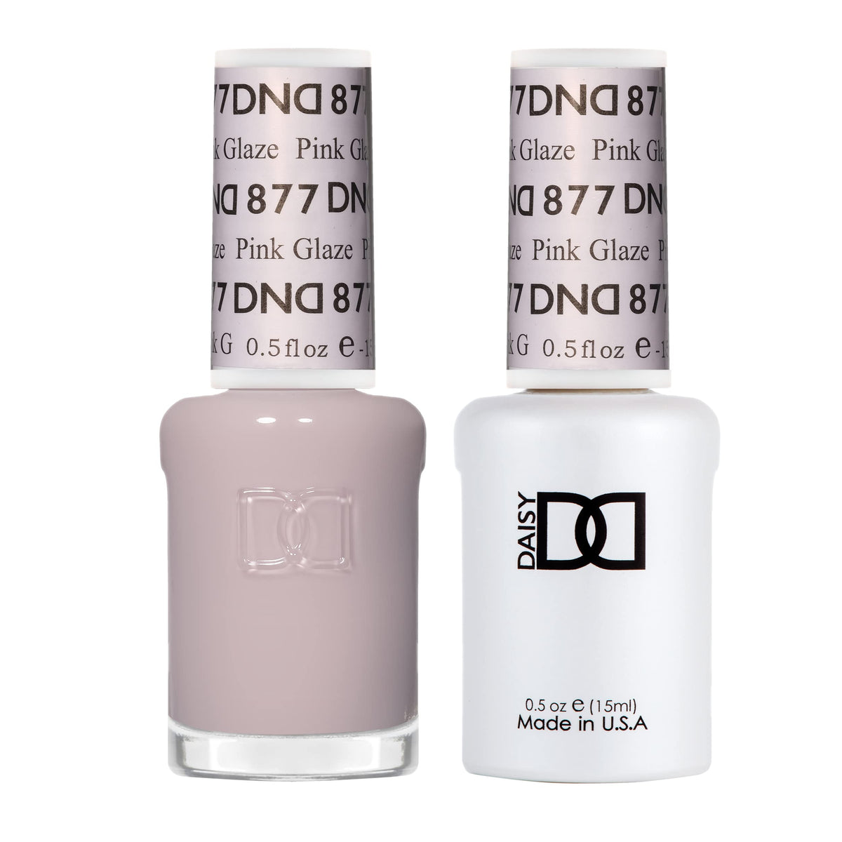 Daisy DND gel polish Pink Glaze 877 bottle showing a pale pink sheer shade