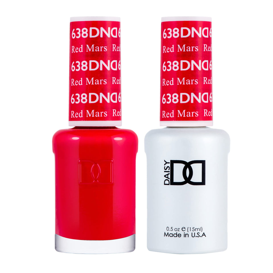 Daisy DND Gel Polish Set Red Mars 638 bottle close-up, showcasing rich red color for elegant nails.