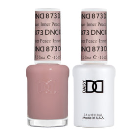 Daisy DND Inner Peace 873 gel polish swatch showing sheer peach with cocoa brown undertones for versatile nails.