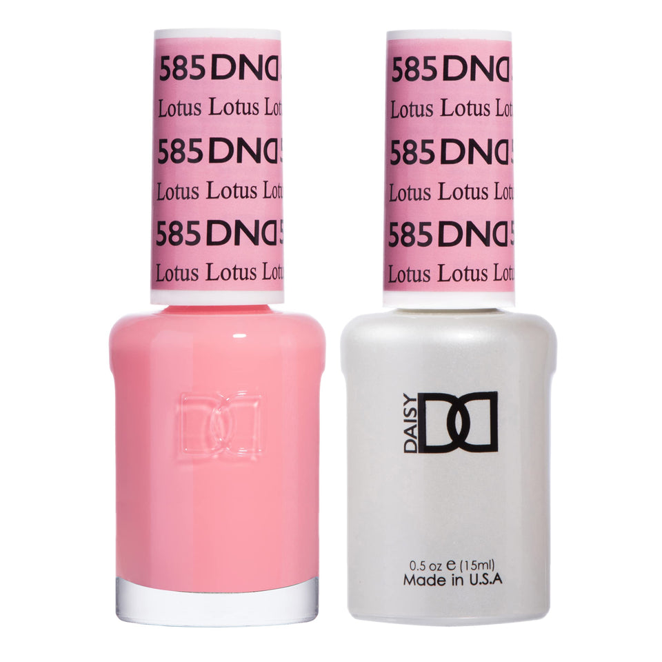 Daisy DND Lotus 585 gel polish bottle shows creamy pink shade for salon-ready nails.