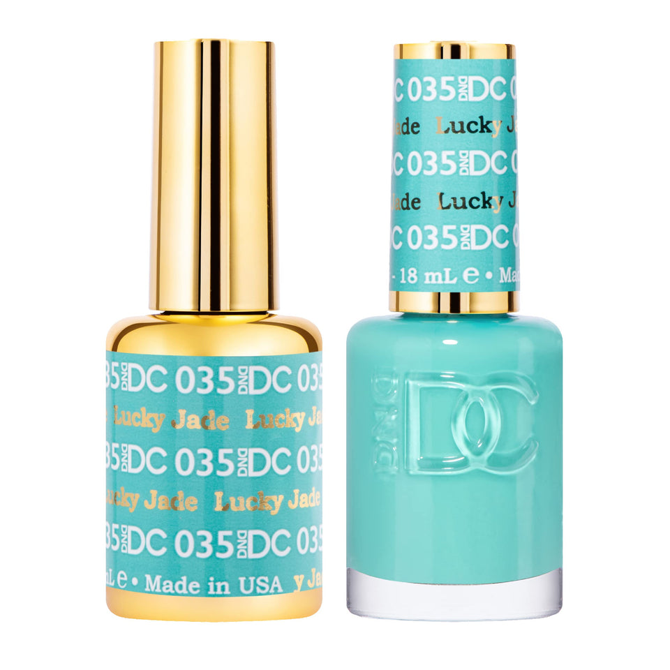 Daisy DND Lucky Jade gel polish bottle from the Green Collection shows rich jade color