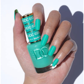 Daisy DND Lucky Jade lacquer bottle complements the gel shade for a seamless manicure