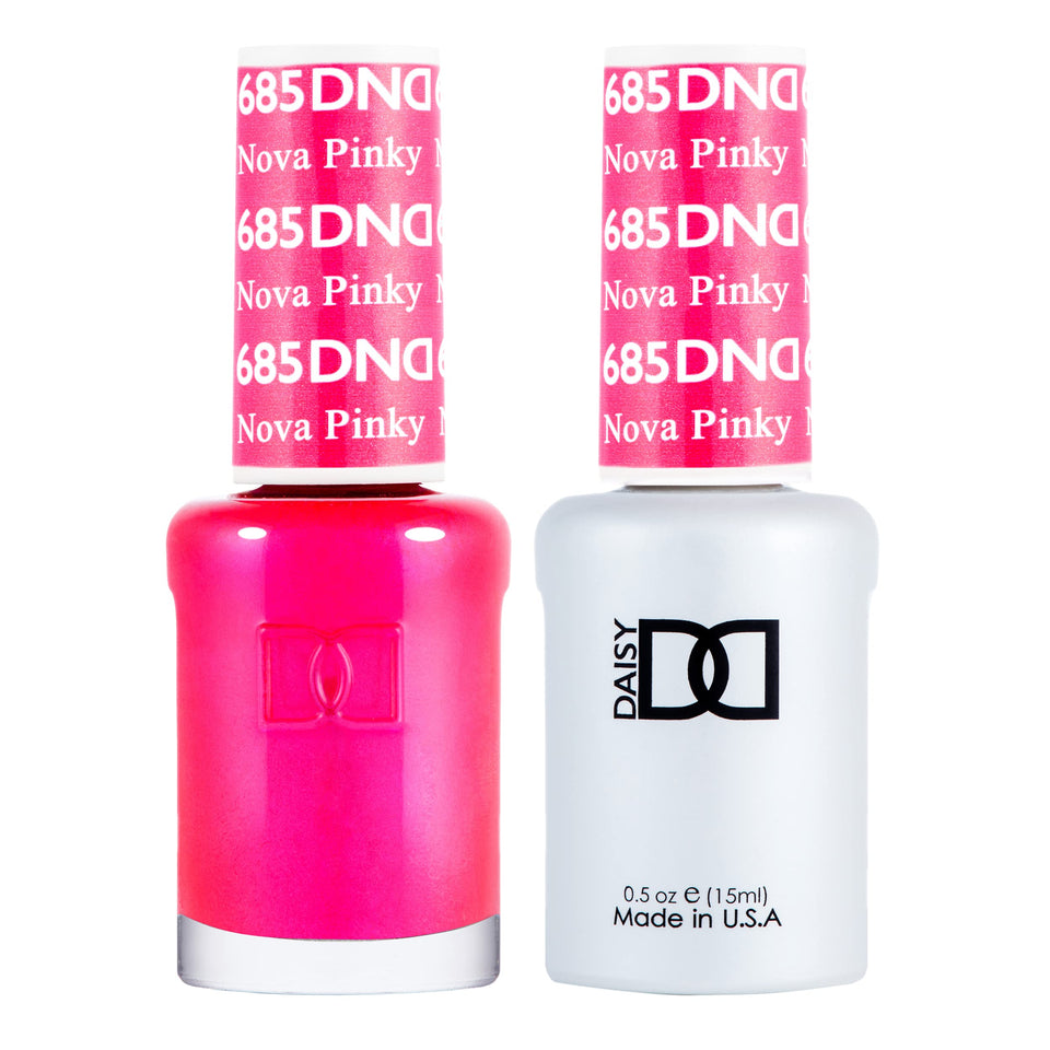 Daisy DND Nova Pinky 685 bottle swatch for long-lasting pink manicure inspiration.