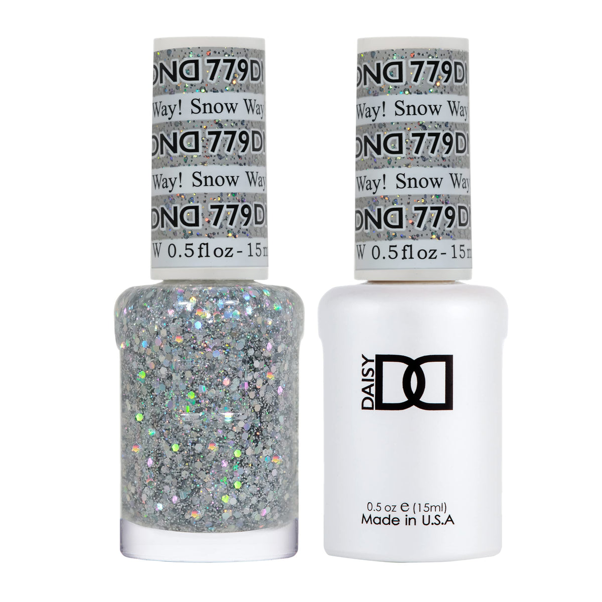 DAISY DND Snow Way! gel polish bottle with iridescent glitter for standout nails.