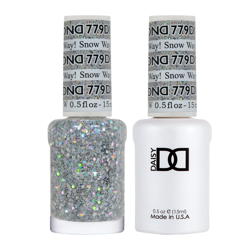DAISY DND Snow Way! gel polish bottle with iridescent glitter for standout nails.