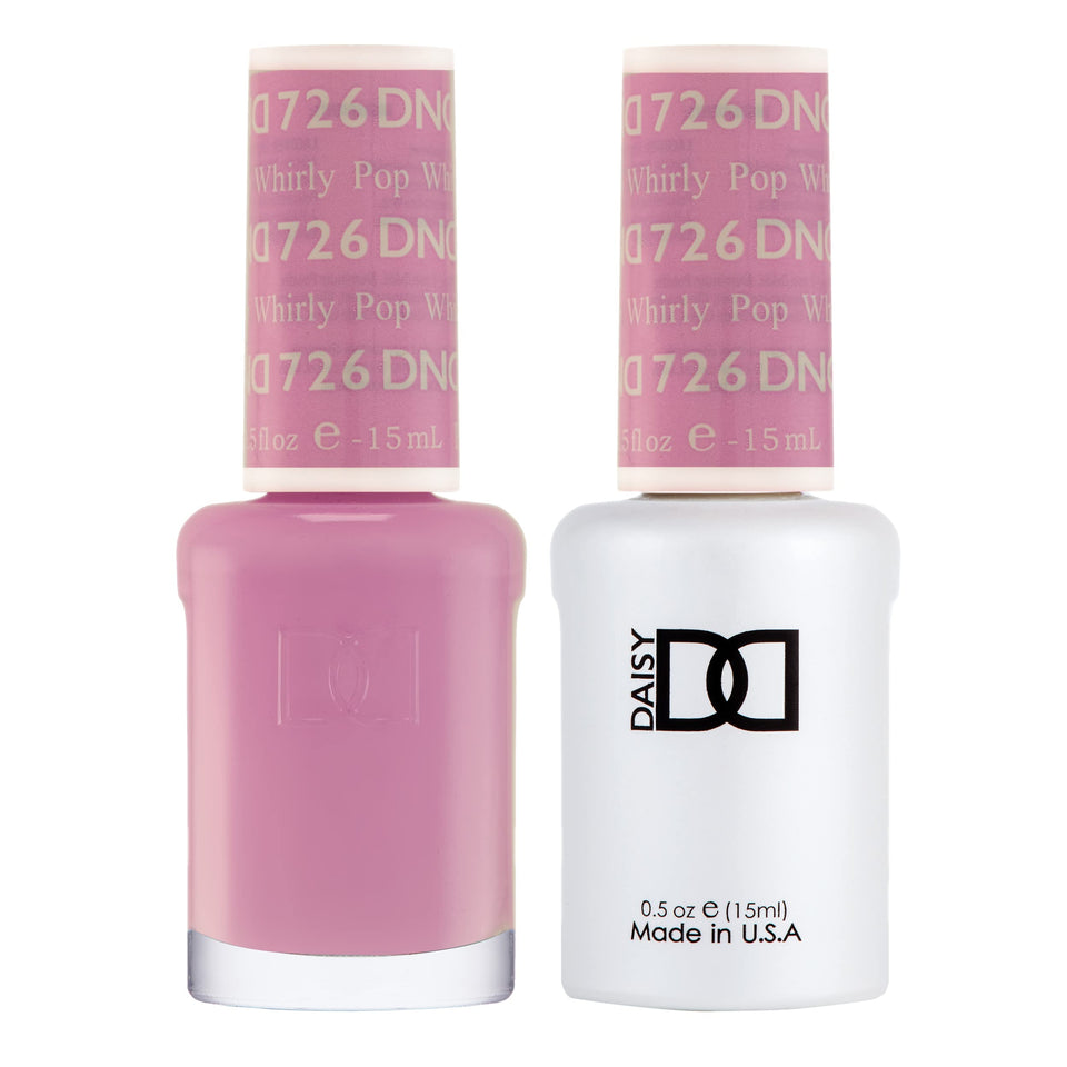 DAISY DND Whirly Pop gel polish bottle displays a vivid purple-pink shade for a bold mani.