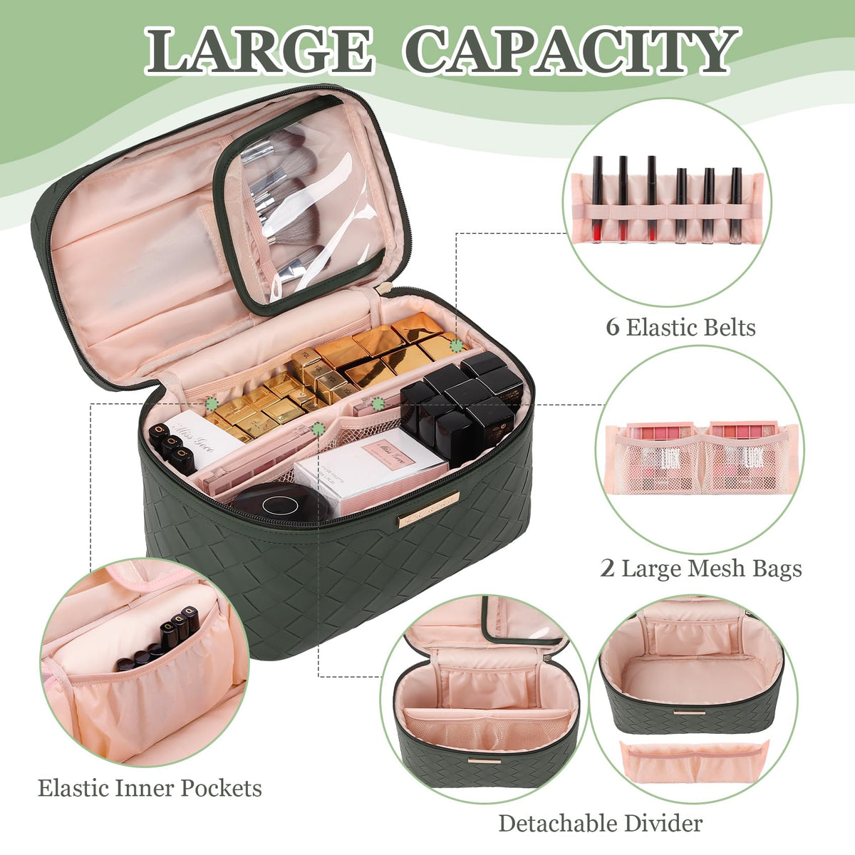Dajasan makeup bag brush area with transparent cover protects brushes.