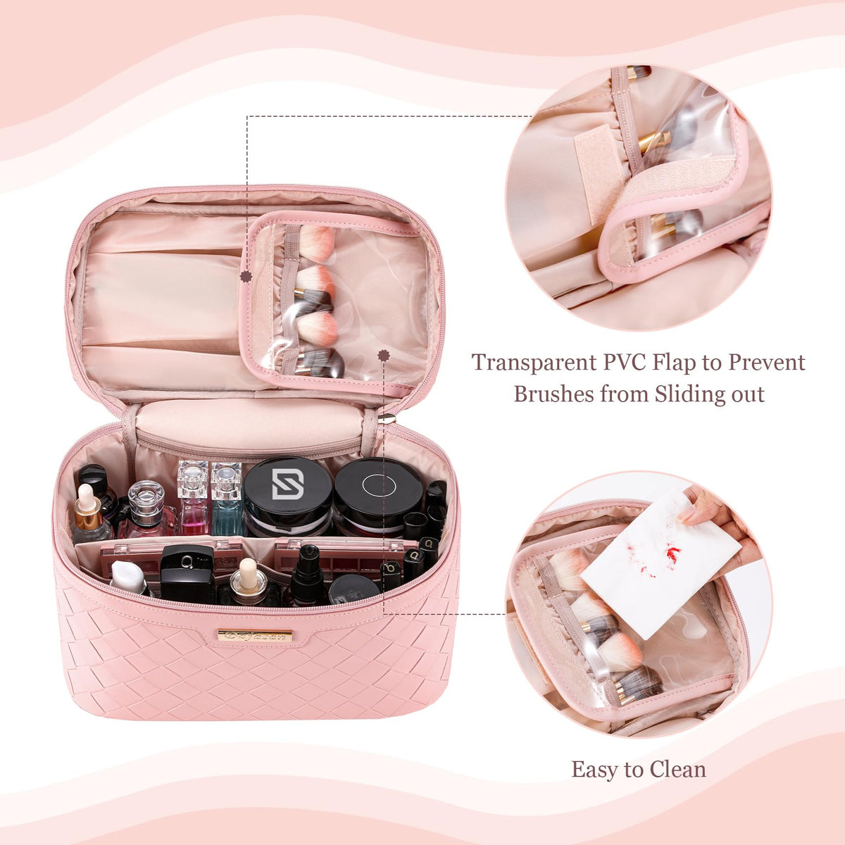 Dajasan makeup bag interior brush area with transparent cover.
