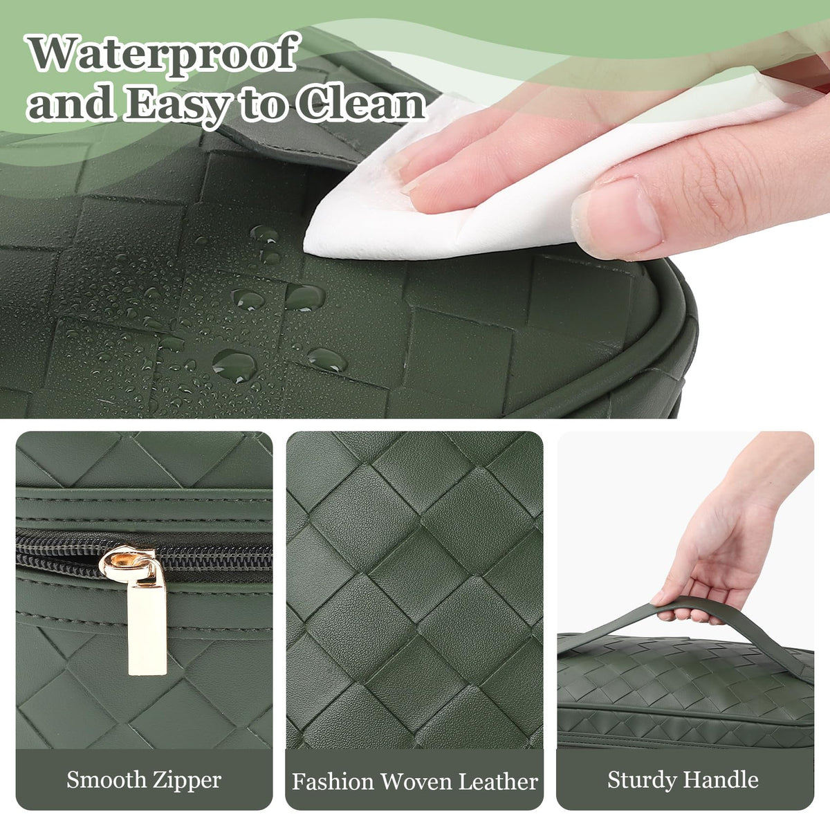 Dajasan makeup bag interior with elastic pockets and partitions keeps cosmetics organized.