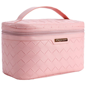 Dajasan makeup bag in pink with diagonal weave pattern for travel.