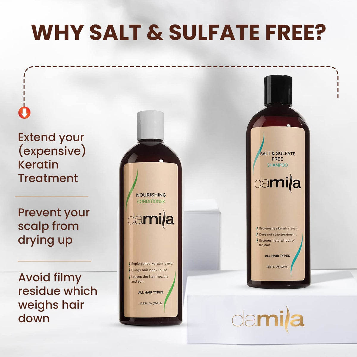 Damila label closeup showing zero salt, sulfates, parabens, and phthalates