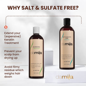 Damila label closeup showing zero salt, sulfates, parabens, and phthalates