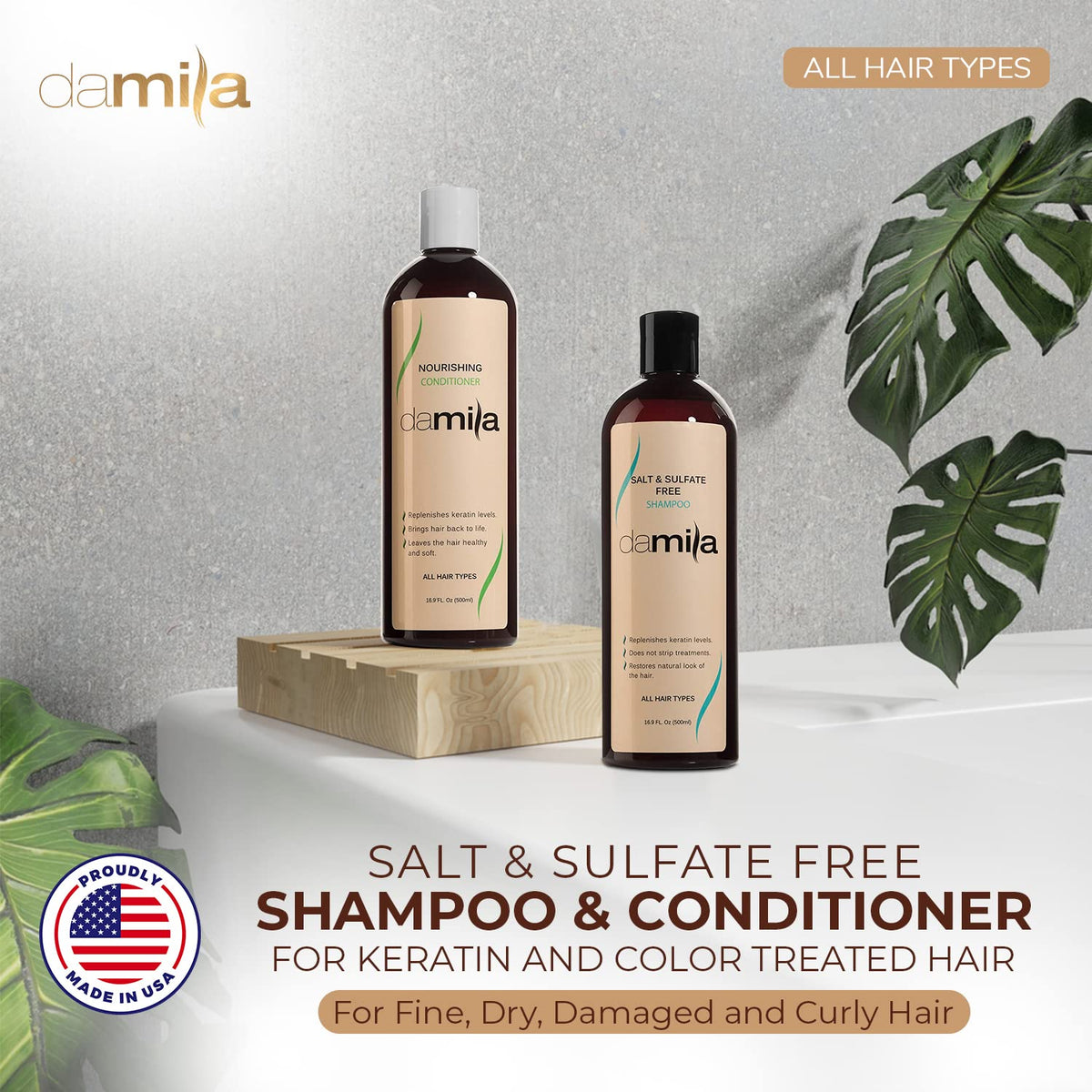 Damila shampoo bottle front highlighting gentle cleansing for color-treated hair