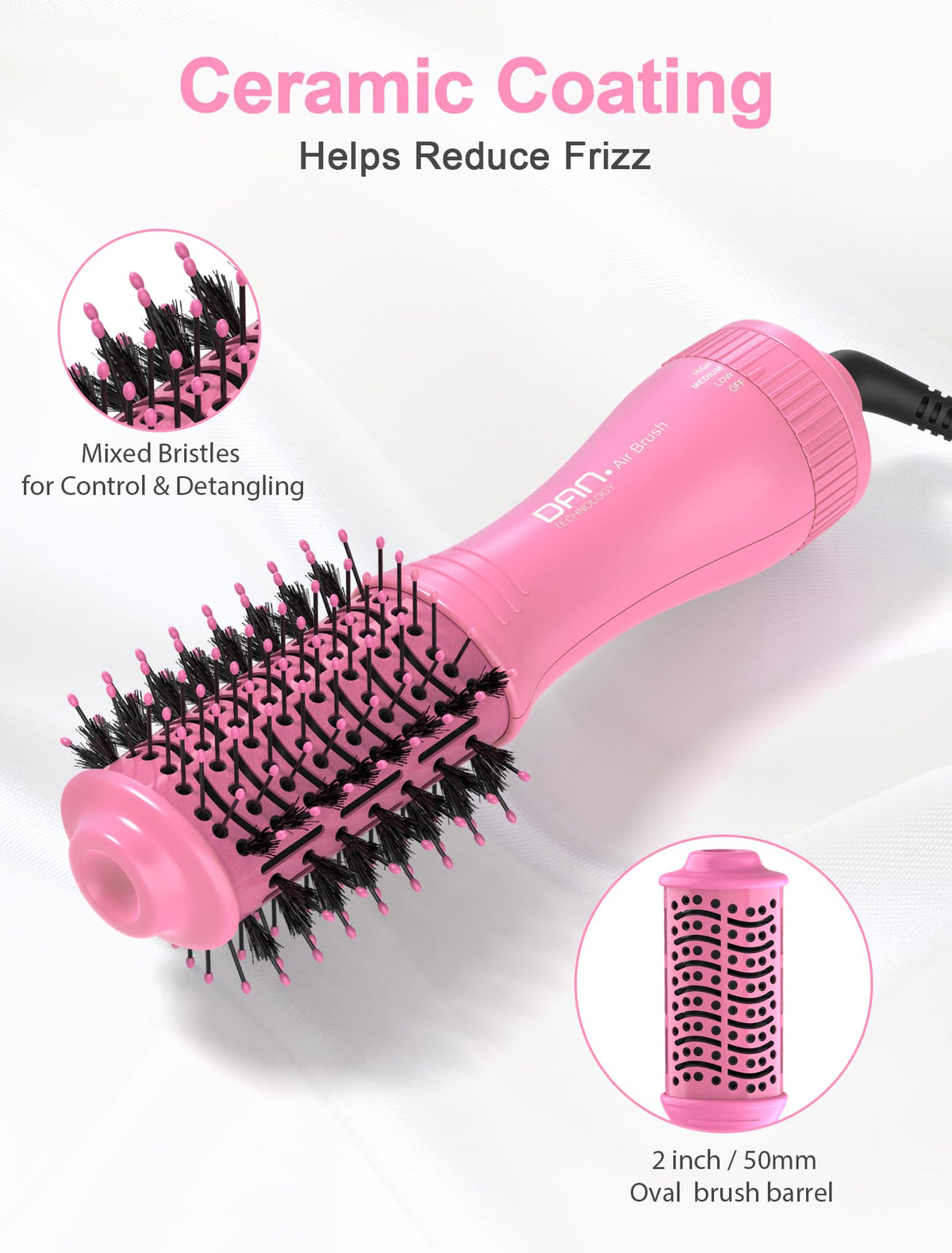 DAN Technology 360-degree swivel cord for tangle-free operation during styling.