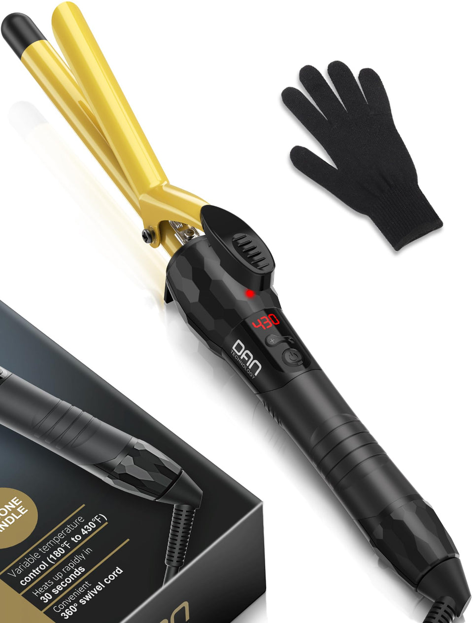 DAN Technology curling wand with LCD display for precise temperature control and styling versatility