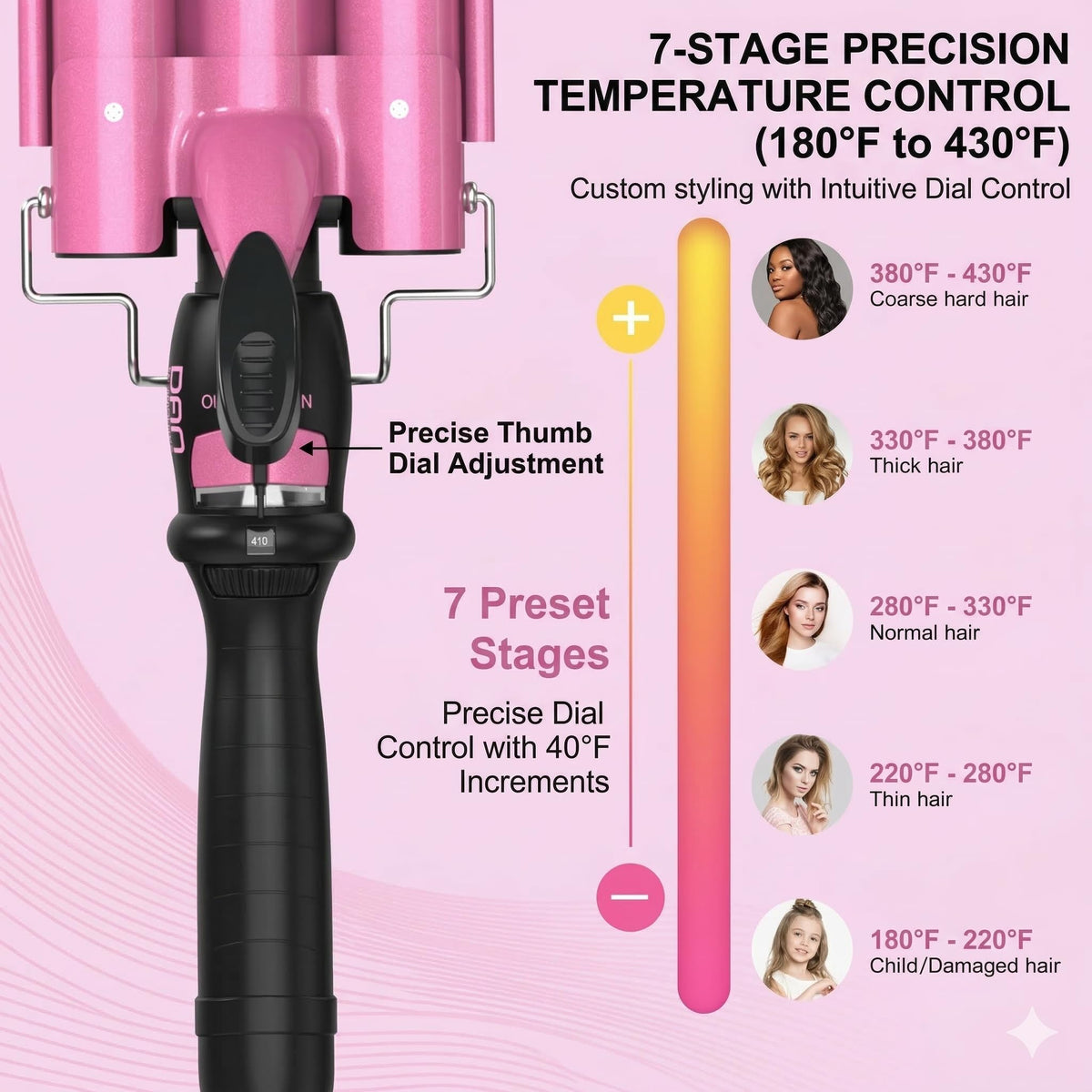 DAN Technology curling iron with seven heat settings for different hair types.