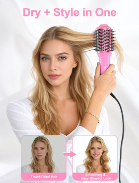 DAN Technology ceramic-coated hair brush for even heat distribution and frizz reduction.