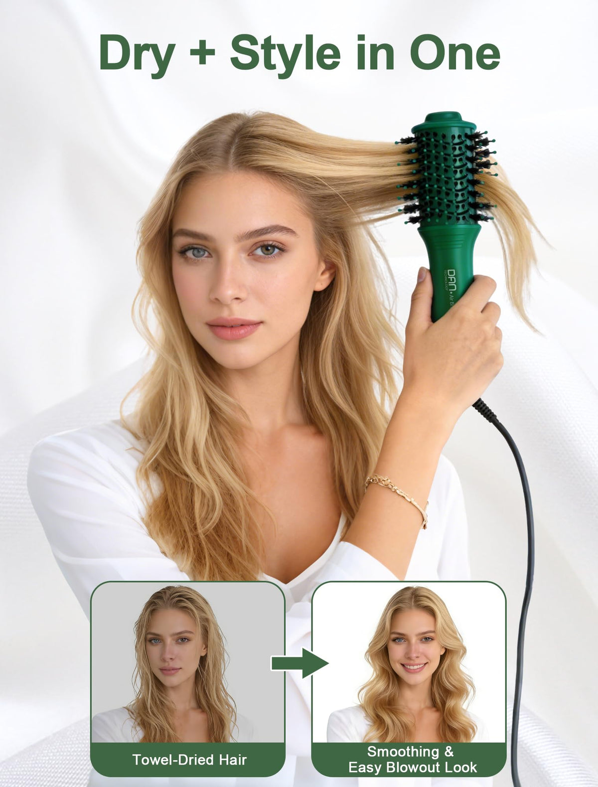 DAN Technology ceramic-coated brush for even heat distribution and smoother styling.