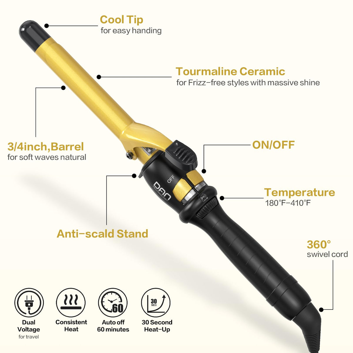 DAN Technology curling iron dual voltage for international travel.