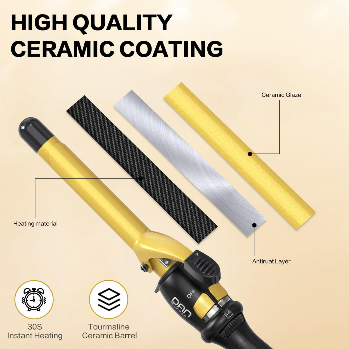 DAN Technology curling iron gold and black design adds premium styling appeal.