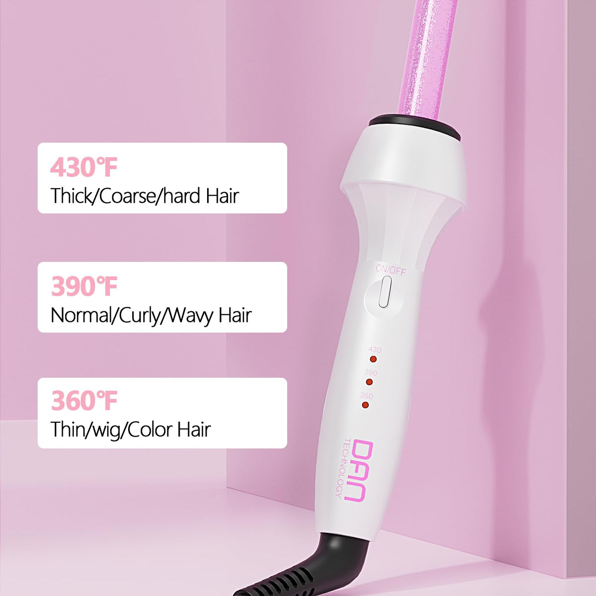 DAN Technology Curling Iron with temperature control for different hair types.