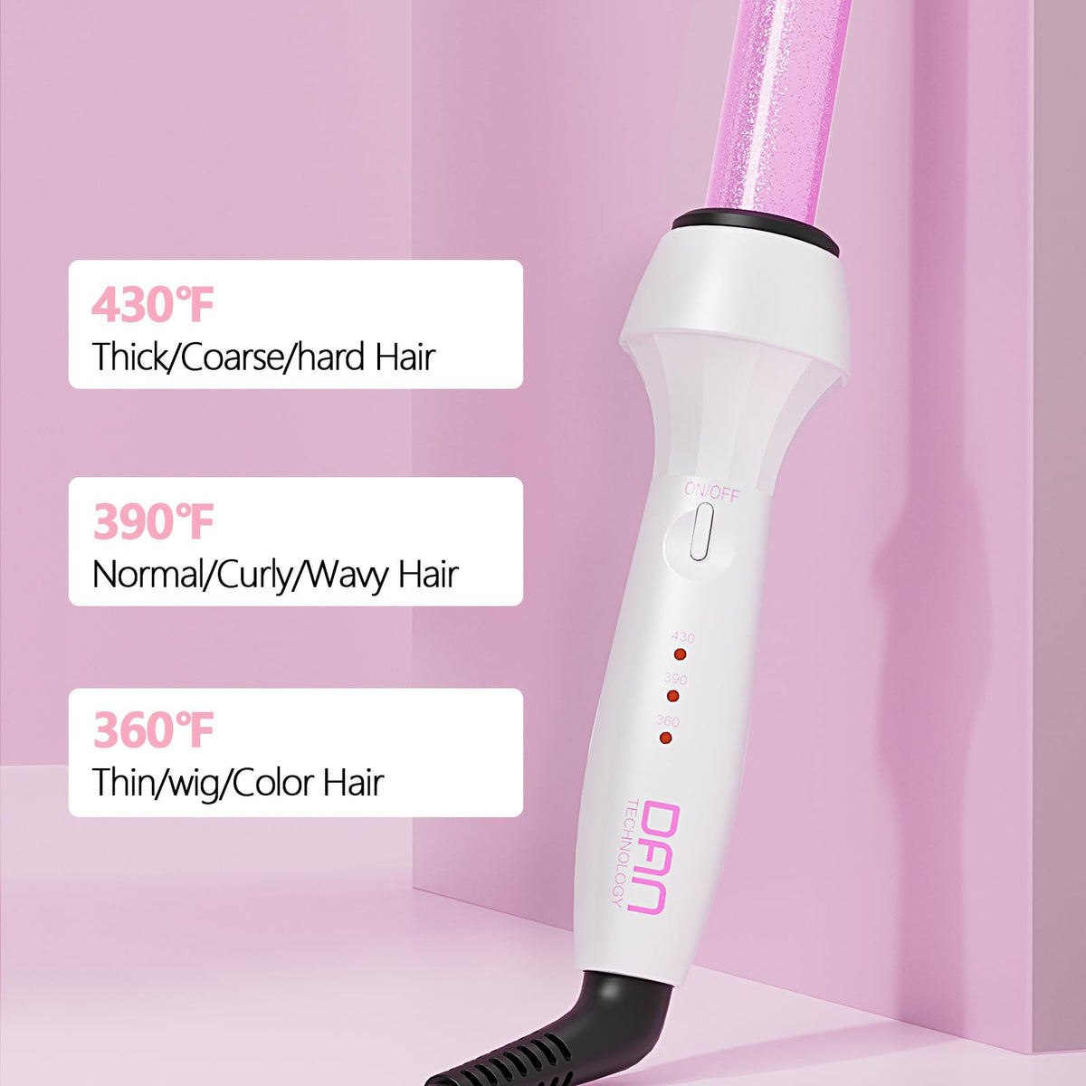 DAN Technology curling wand with temperature control dial for customized styling.