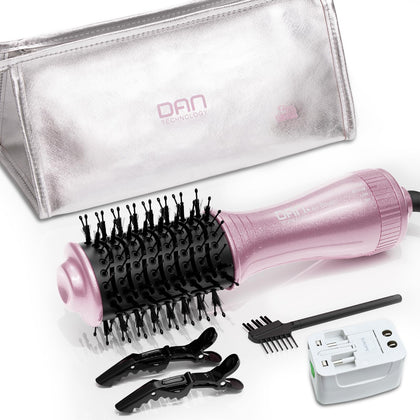 DAN Technology dual voltage hair dryer brush front view, ideal for travel styling