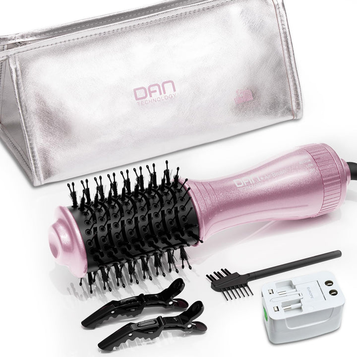 DAN Technology dual voltage hair dryer brush front view, ideal for travel styling