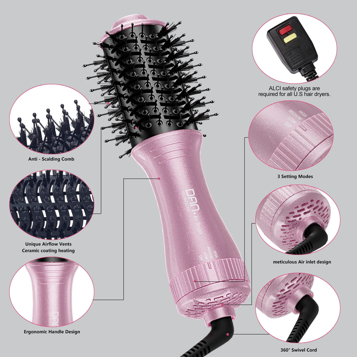 DAN Technology dual voltage hair dryer brush with three heat levels for hair types
