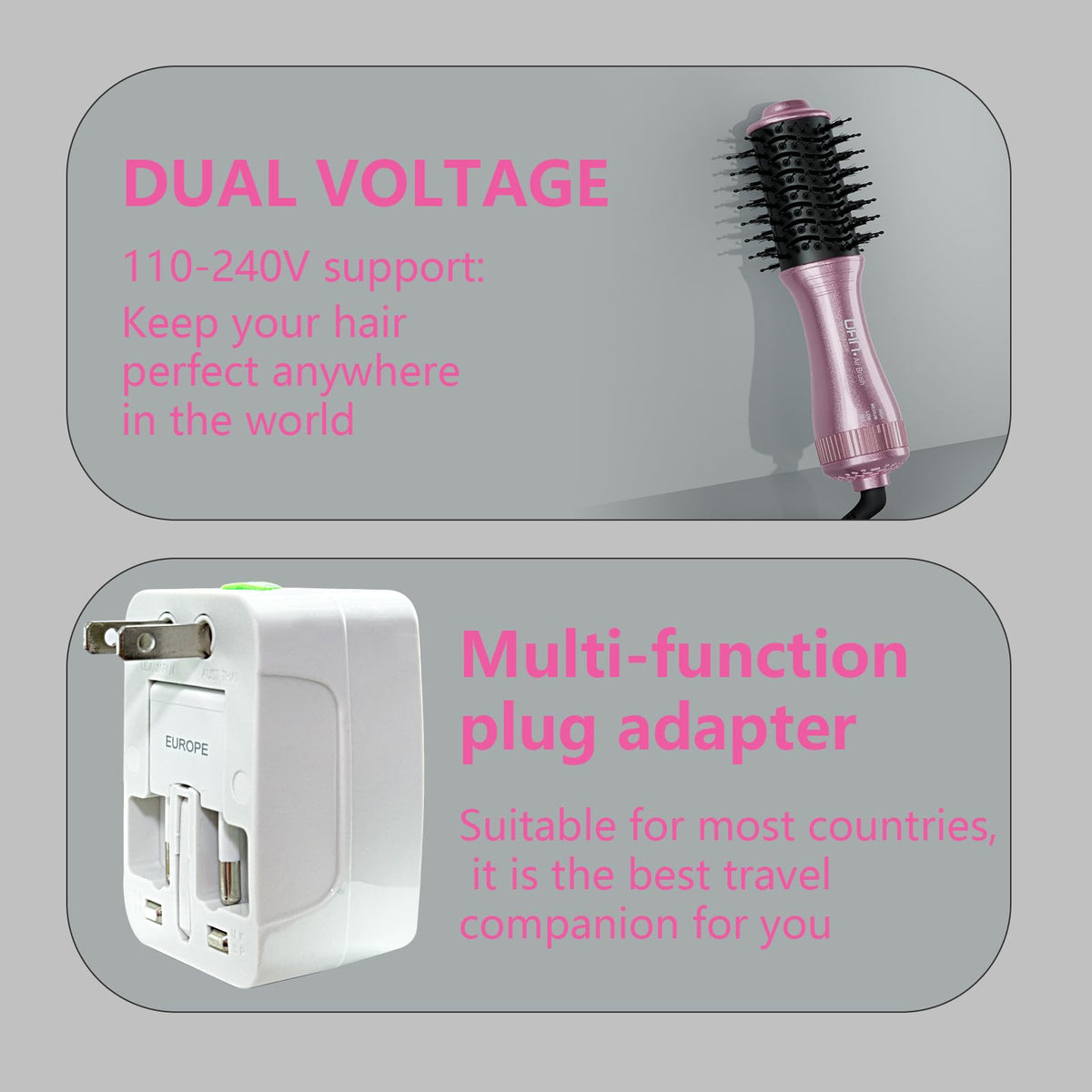DAN Technology dual voltage hair dryer brush with multifunction plug for global outlets