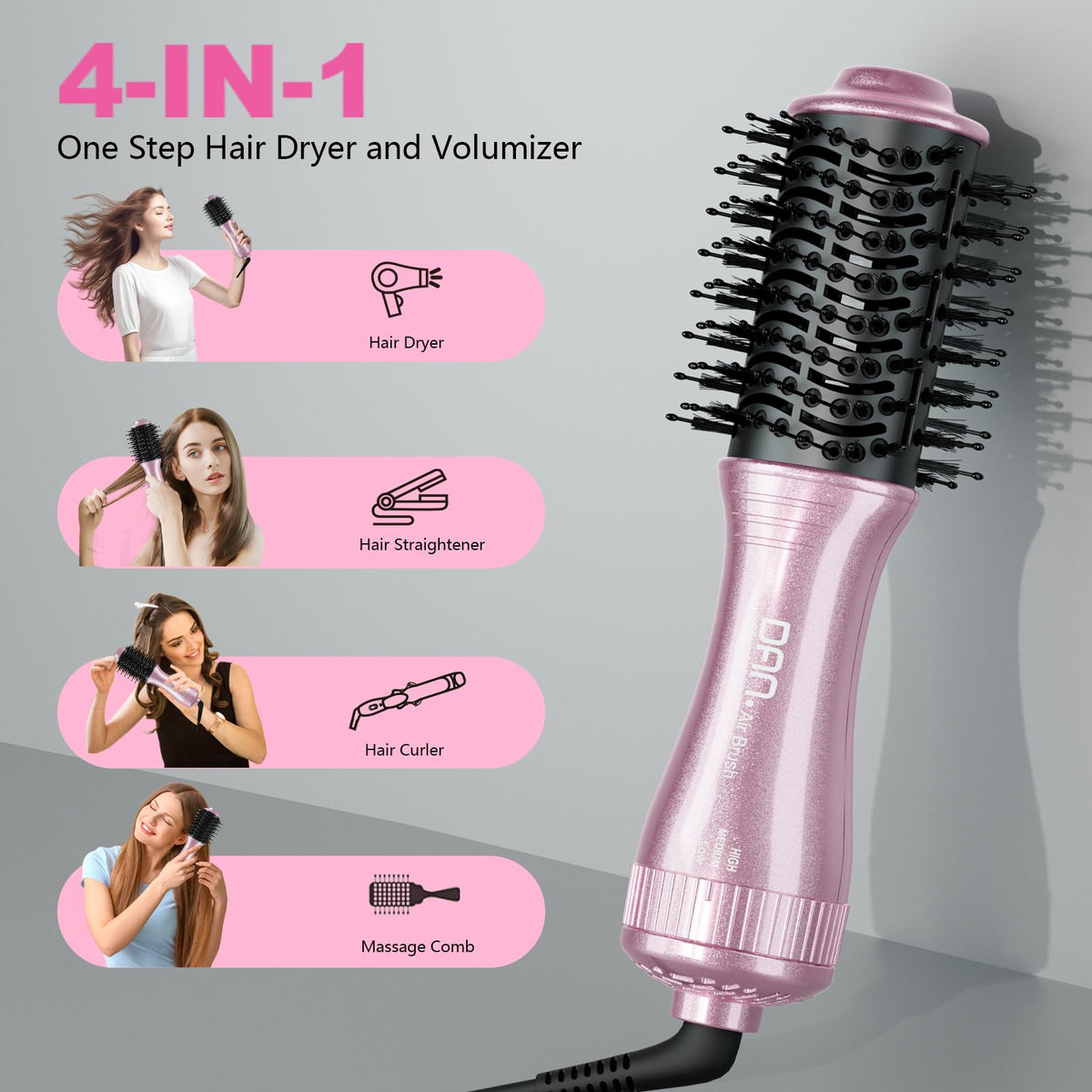 DAN Technology dual voltage hair dryer brush side view, compact travel design