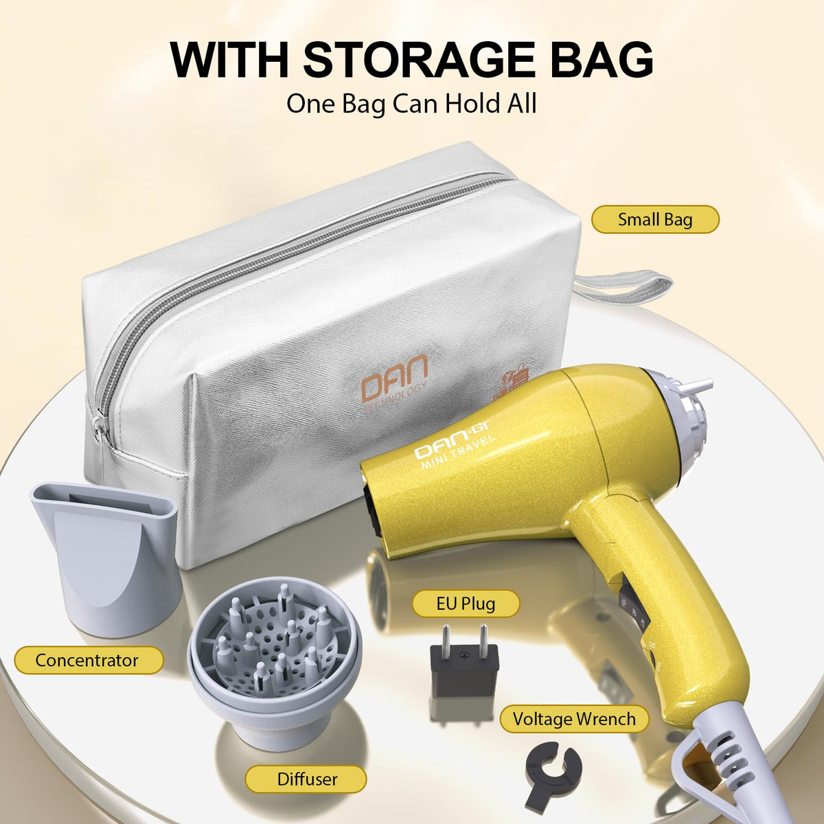 DAN Technology mini portable hair dryer dual voltage 125/250V for worldwide use.